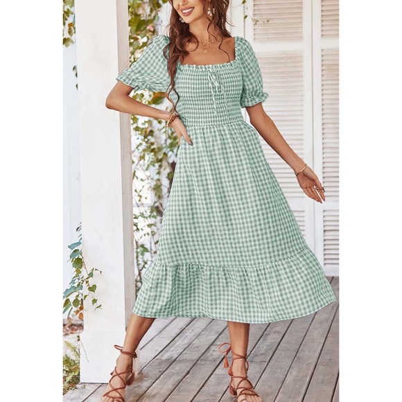 ๐ด Green Gingham Check Tie Back Midi Dress - Picture 6 of 6